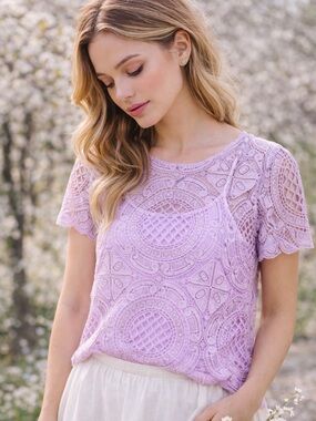 Lace Short Sleeve Top - Lavender